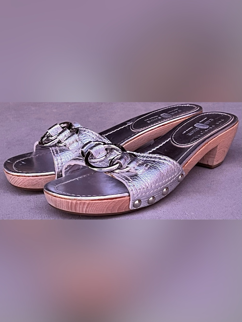 Car Shoe Prada Metallic Silver Leather Wood Clog Sandals Slide Heel Vintage 37.5